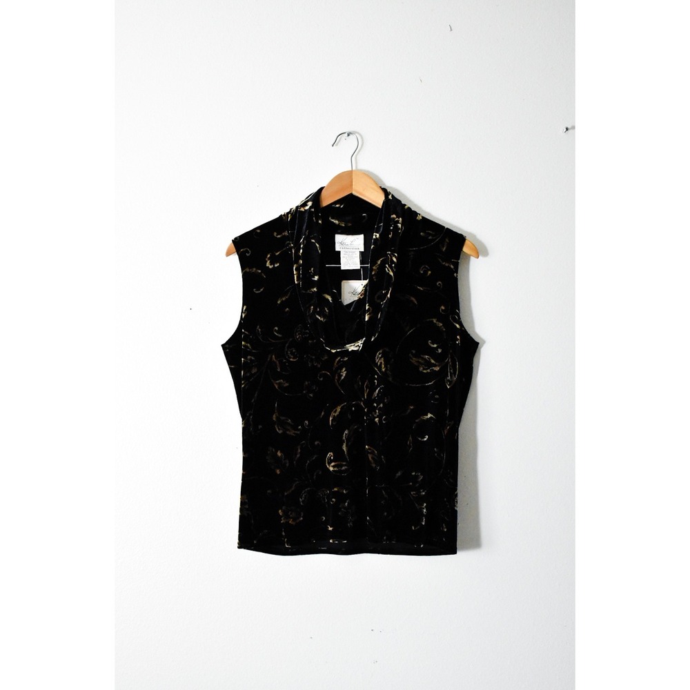 Kathie Lee Sleeveless Top Womens L Black Bronze NEW Velvet Cowl Neck Y2K vtg